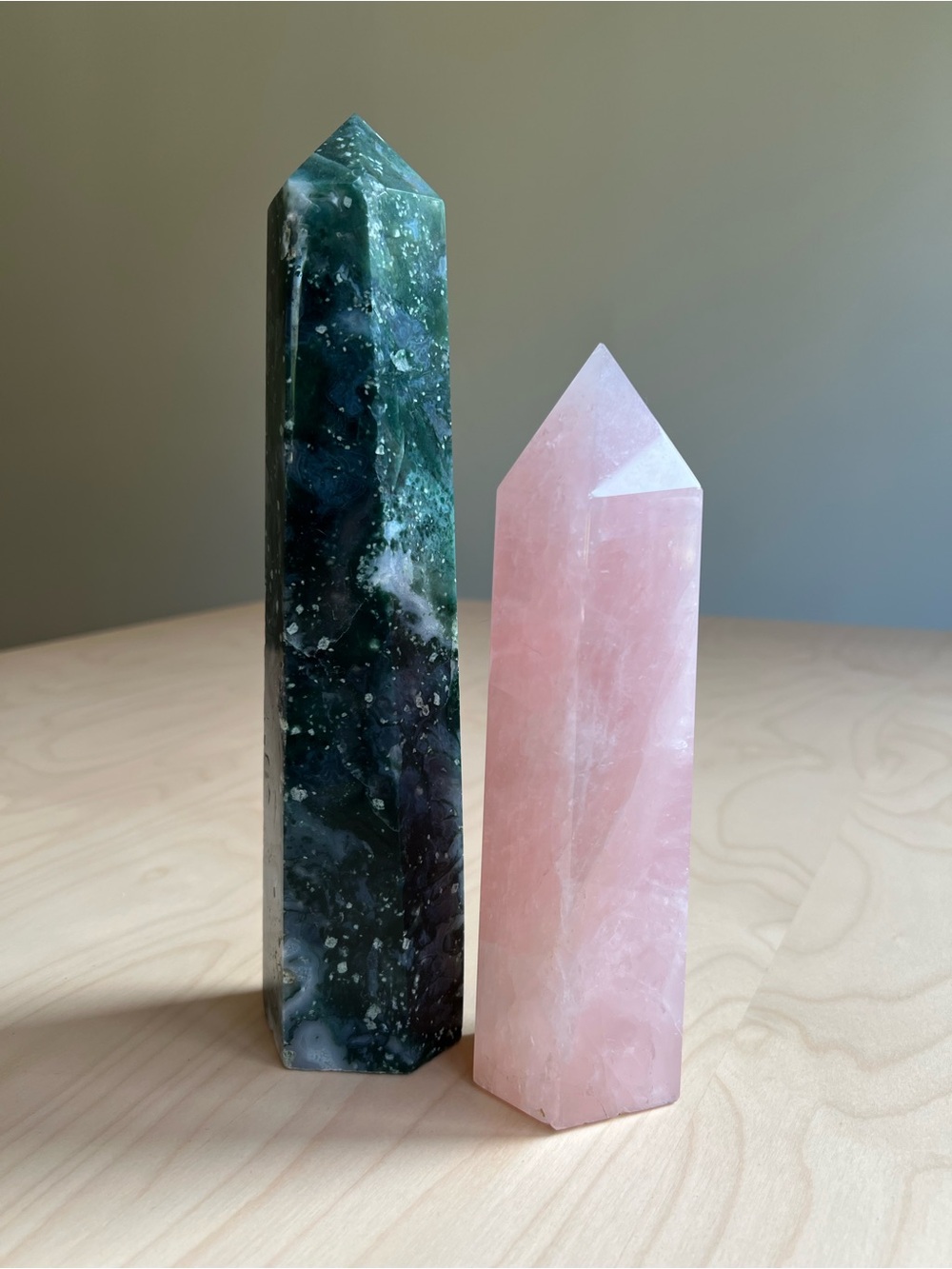 Rose Quartz and Green Jasper Crystal Towers - Pair